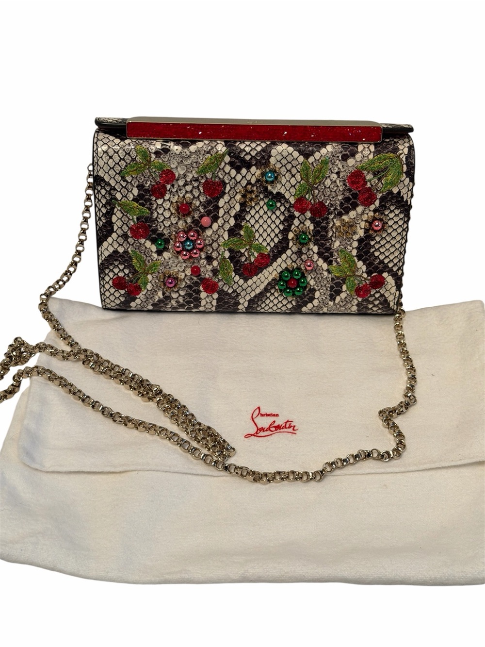 Christian Louboutin Embellished Snake-Print Chain Crossbody - Red, Green, Black